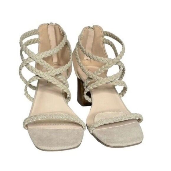 JOIE Felina Taupe Cream Suede Braided Strappy Sandals Chucky Block Heel Zip Back - Picture 2 of 10